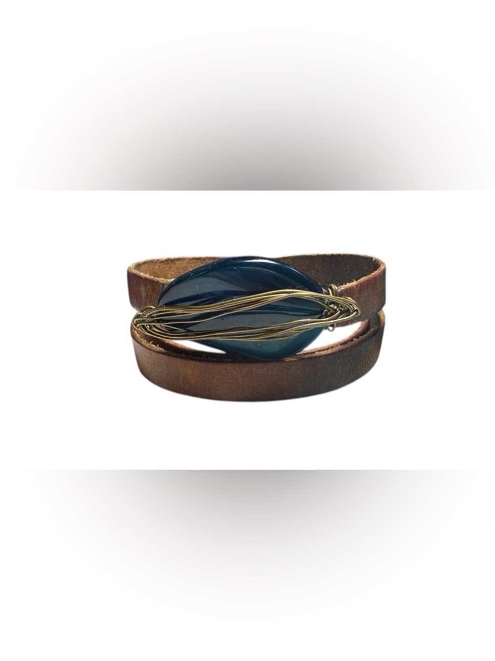 Handmade Blue Glass & Brass Wire Leather Wrap Bracelet